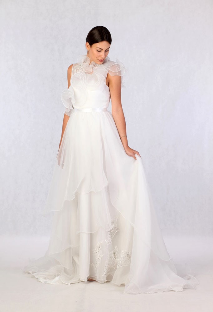 Abito da Sposa Organza Bianca Rouches Busto Ricami 1980