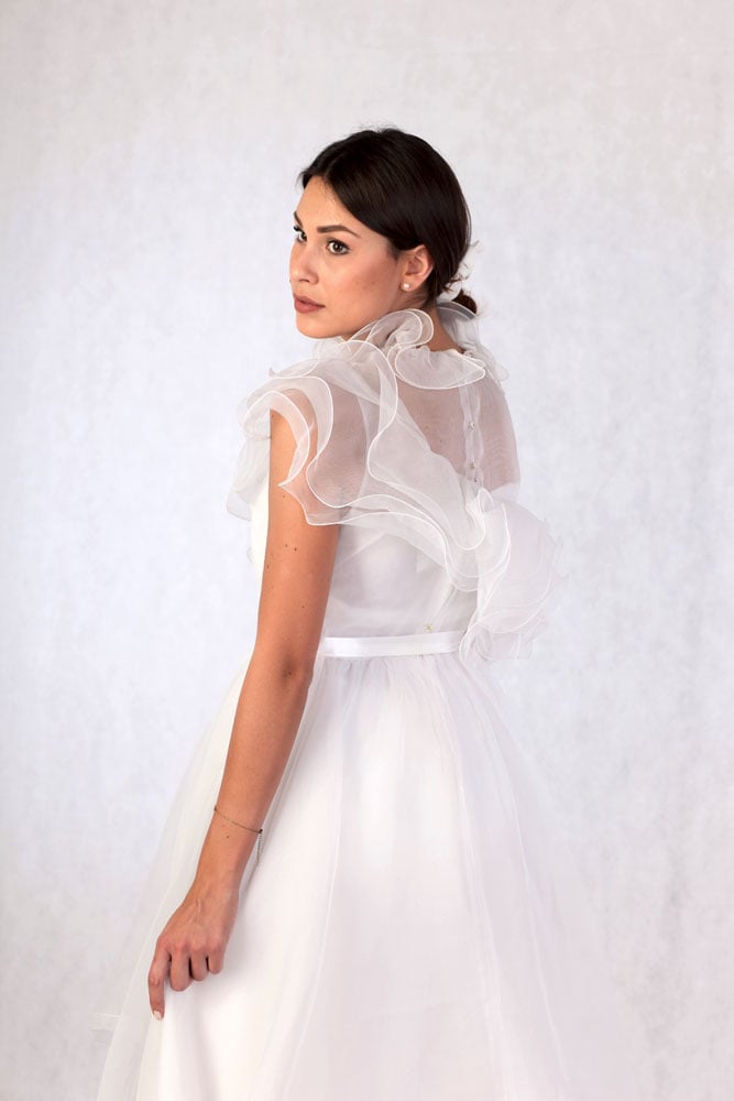 Abito da Sposa Organza Bianca Rouches Busto Ricami 1980 - immagine 4
