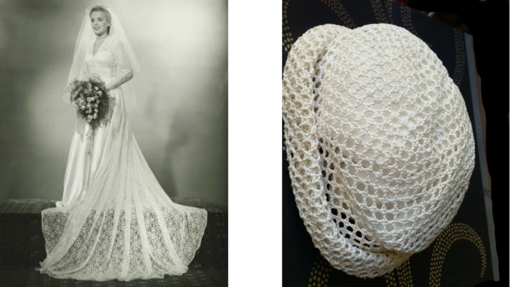 Sposa con velo poggiato sul capo e cappellino Vintachic traforato del 1930