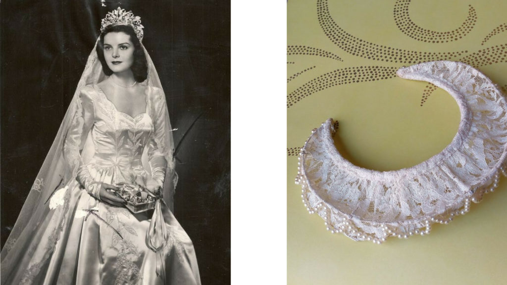 Sposa con velo fissato da una tiara e coroncina Vintachic in pizzo avorio ornata da perle del 1940