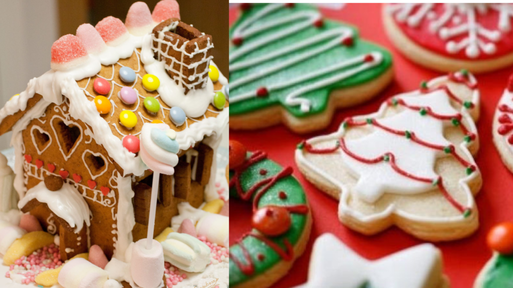 Casetta di gingerbread e biscottini natalizi